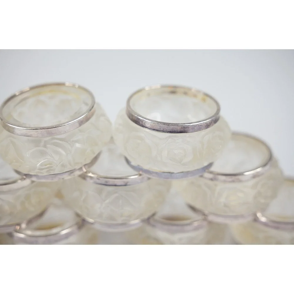 Vtg Napkin Rings 12p Frosted Crystal Rose Floral Silver lead Rim William Adams